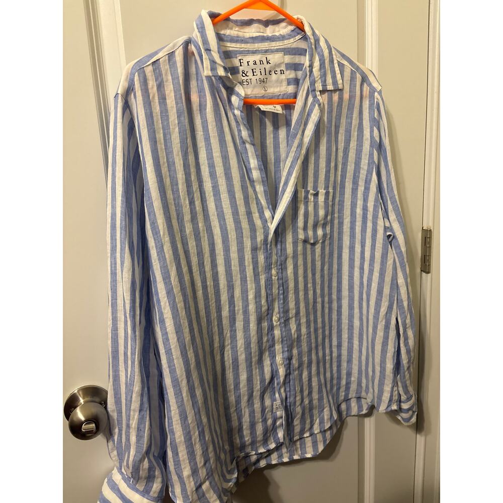 Frank & Eileen blue chambray white stripe linen Eileen shirt EUC sz large